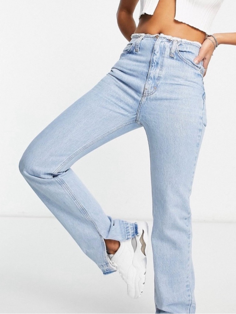 Pull&Bear High Rise Straight Leg Jeans with Raw Waist Detail in Blue - Size 4